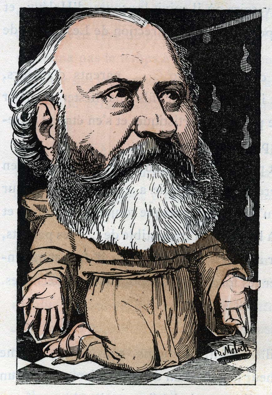 Porträt von Charles Gounod (1818-1893), französischer Komponist in „Le Trombinoscope“ von Touchatout, Karikatur von B. Moloch von 1882 (1849-1909). Private Sammlung von Moloch