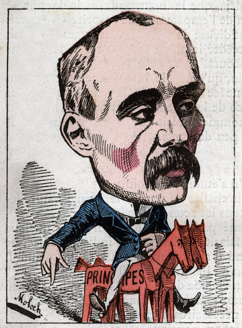 Porträt von Georges Clemenceau (1841-1929), Politiker in „Le Trombinoscope“ von Touchatout, Karikatur von B. Moloch von 1882 (1849-1909). Private Sammlung von Moloch