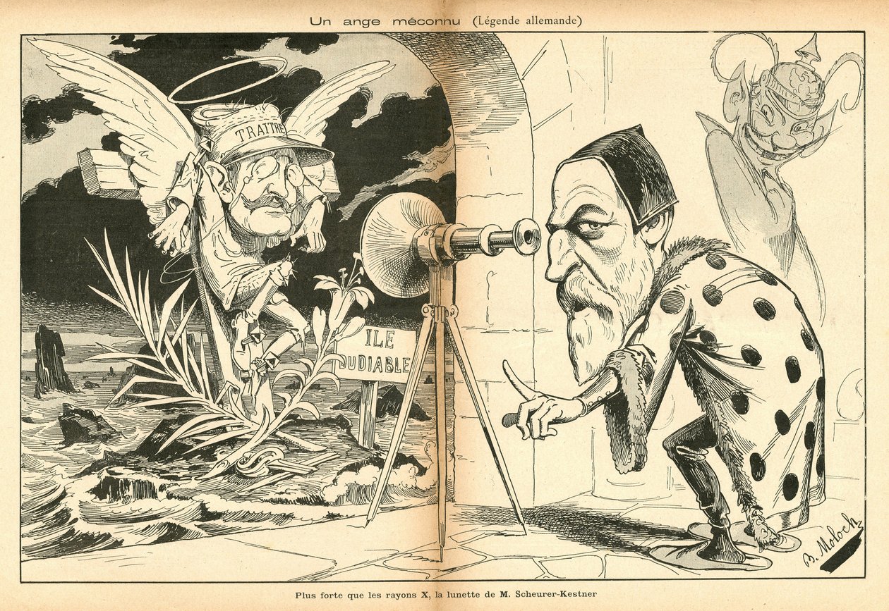 Das Bild zum Lachen, Nummer 4, ca. 1897_11_13 - Illustration von Alphonse Hector Columbus, bekannt als B. Moloch oder Moloch (1849-1909): Ein unbekannter Engel - Dreyfus-Affäre, Teufelsinsel - Dreyfus Alfred, Scherer-Kestner Auguste von Moloch