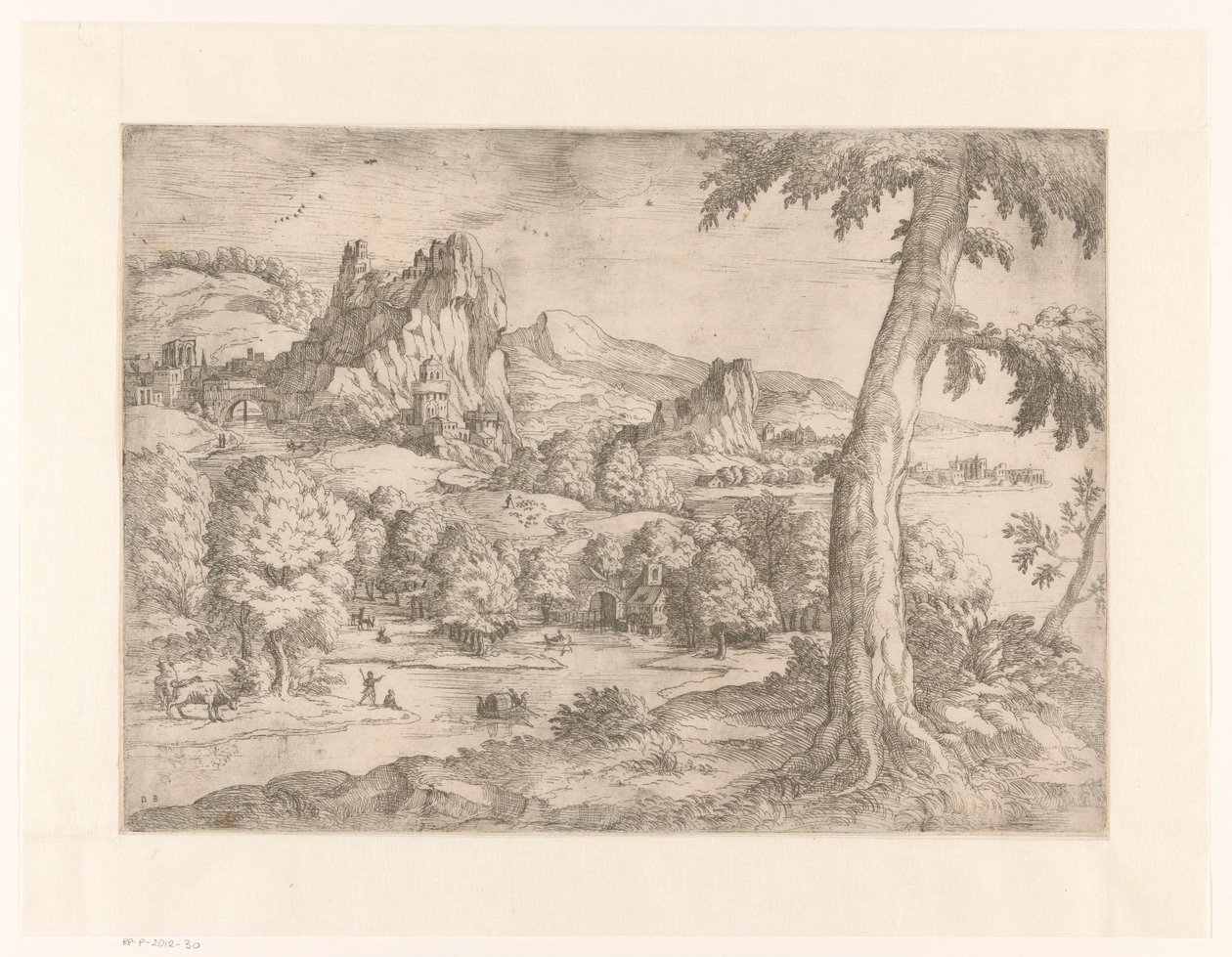 Panoramische Landschaft mit großem Baum von Monogrammist DB (etser 16de eeuw)