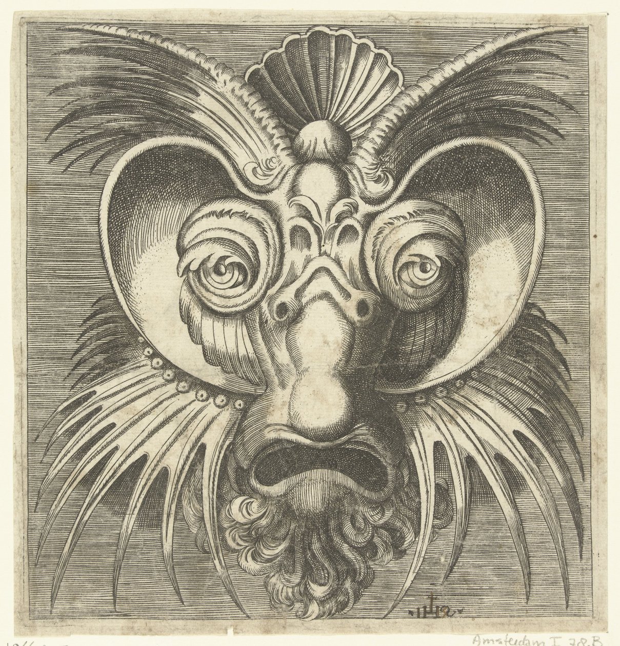 Maske mit Tellern um die Augen und spitzen Zacken auf Wangen und Stirn von Monogrammist IHS