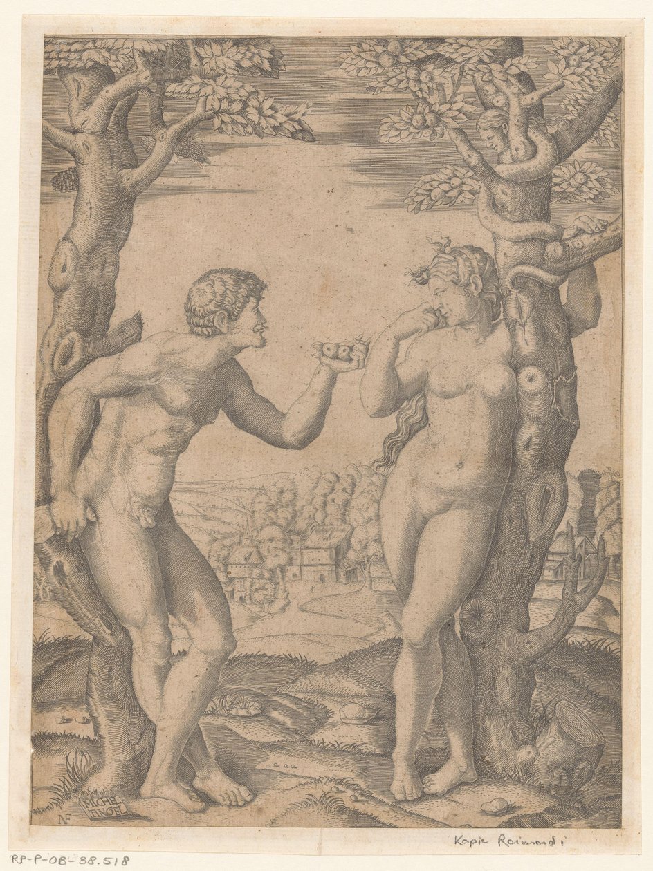 Sündenfall von Adam und Eva am Baum der Erkenntnis von Gut und Böse mit Schlange von Monogrammist NF (graveur)