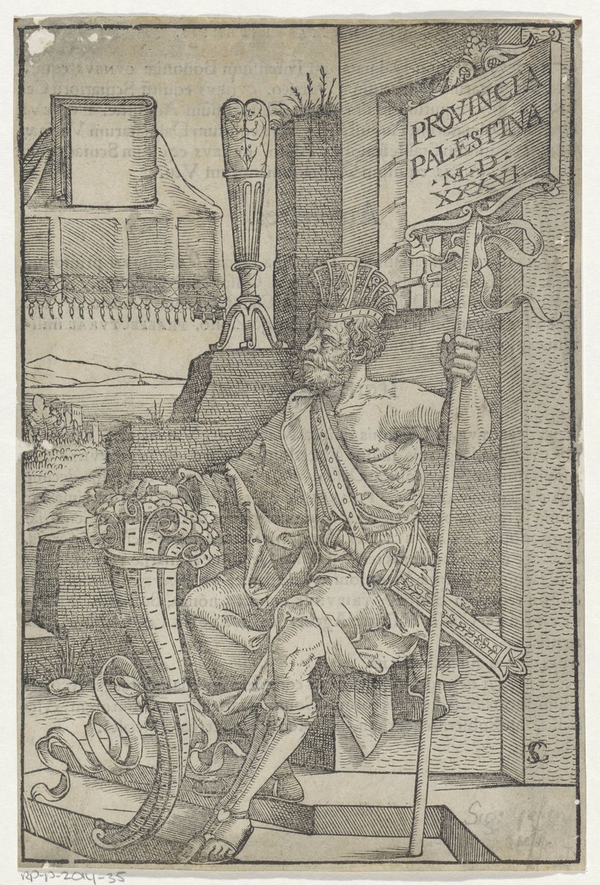 Sitzender Römer mit einem Schwert, einem Horn und einem Schild mit 