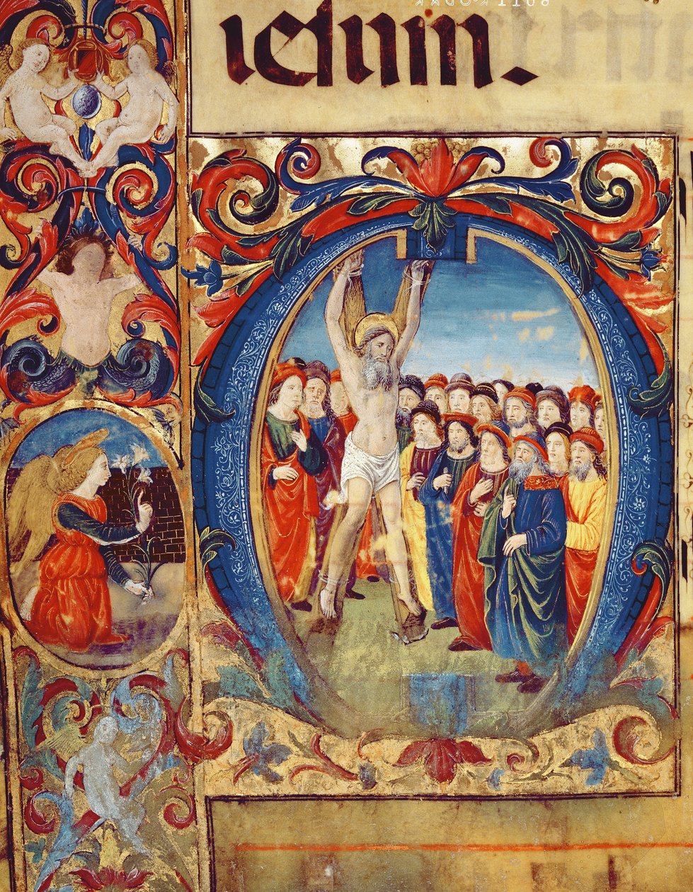 Ms 543 f.5v Historisierte Initiale O mit der Kreuzigung des hl. Andreas, aus einem Psalter, ca. 1515 von Monte di Giovanni del Fora
