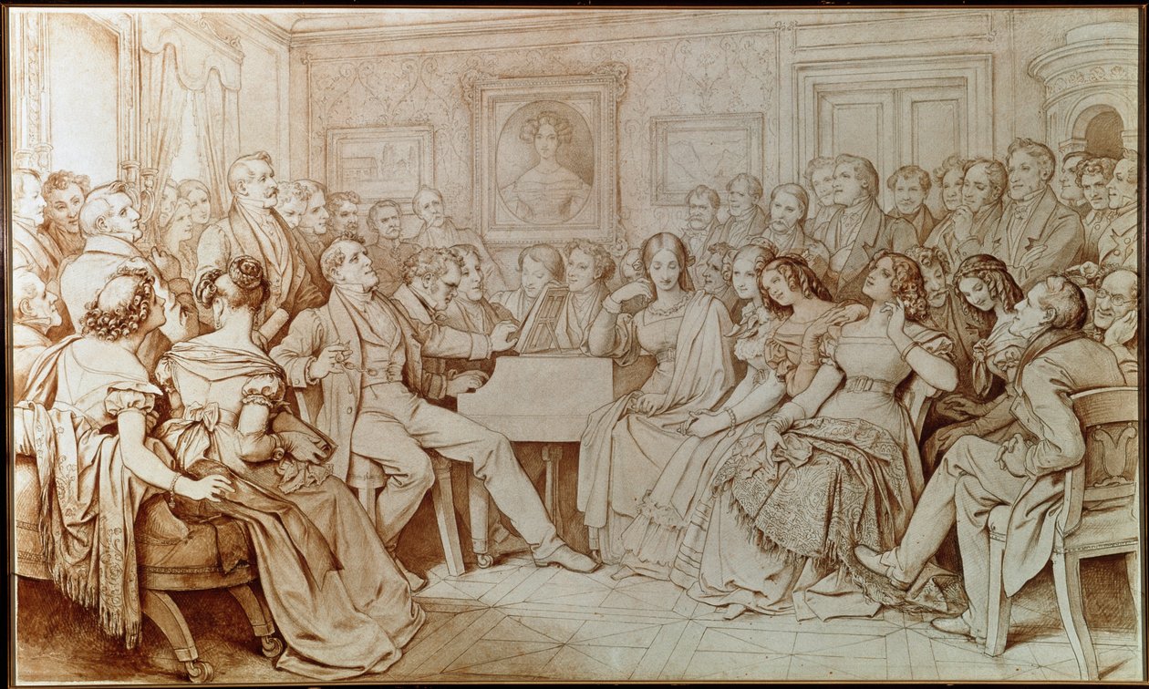 Der Komponist Franz Schubert begleitet den Tenor Johann Michael Vogl bei einem musikalischen Abend bei Baron von Spaun von Moritz Ludwig von Schwind