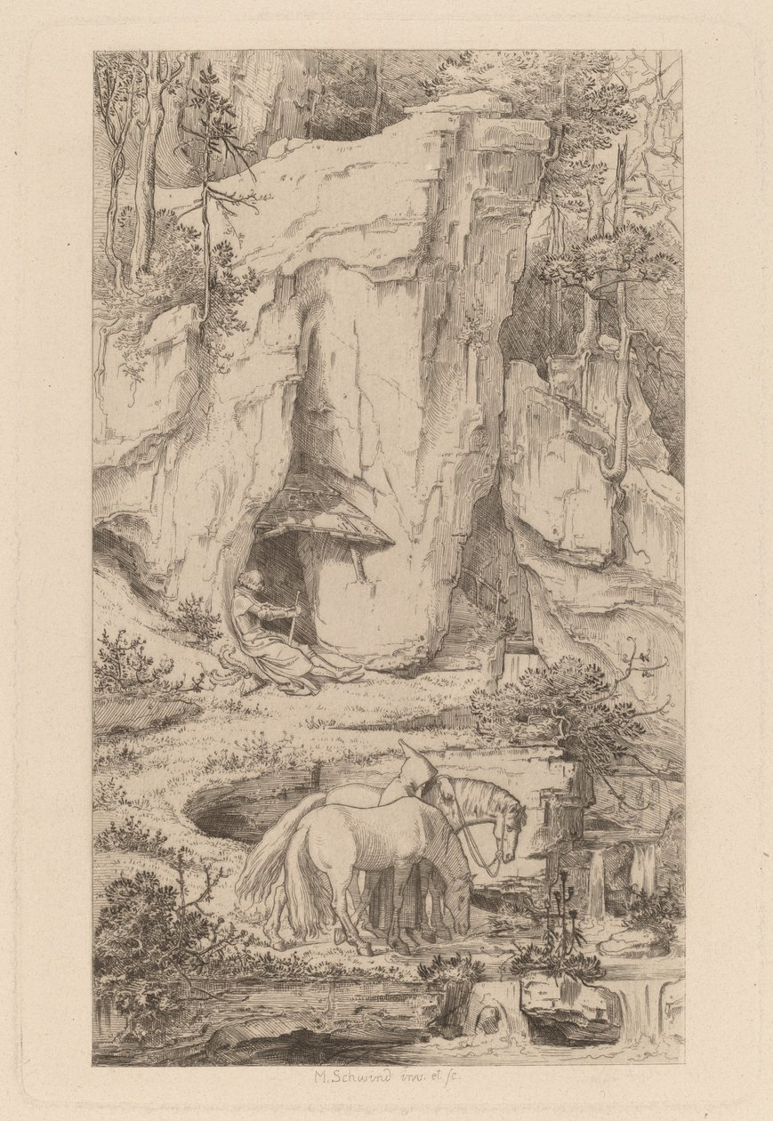 Ein Mönch führt Pferde zum Wasser von Moritz Ludwig von Schwind