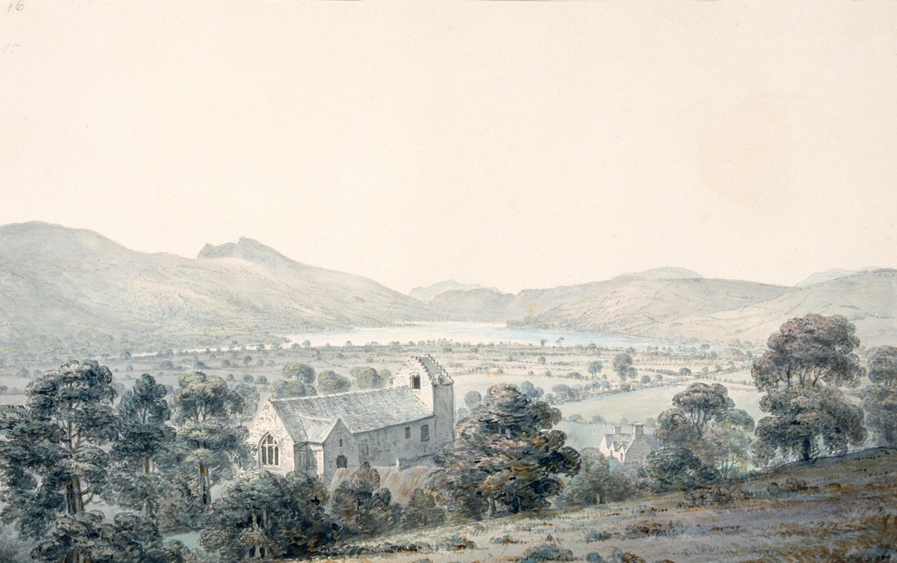Blick auf den Bala-See, Llyntagit, von oberhalb der Llanfawr-Kirche, Meirionethshire von Moses Griffith