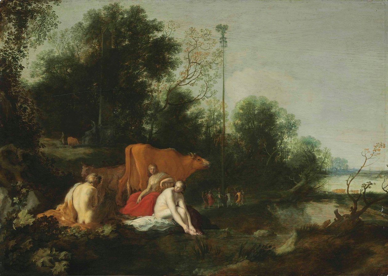 Landschaft mit Satyr, Nymphen und Vieh von Moses van Uyttenbroeck