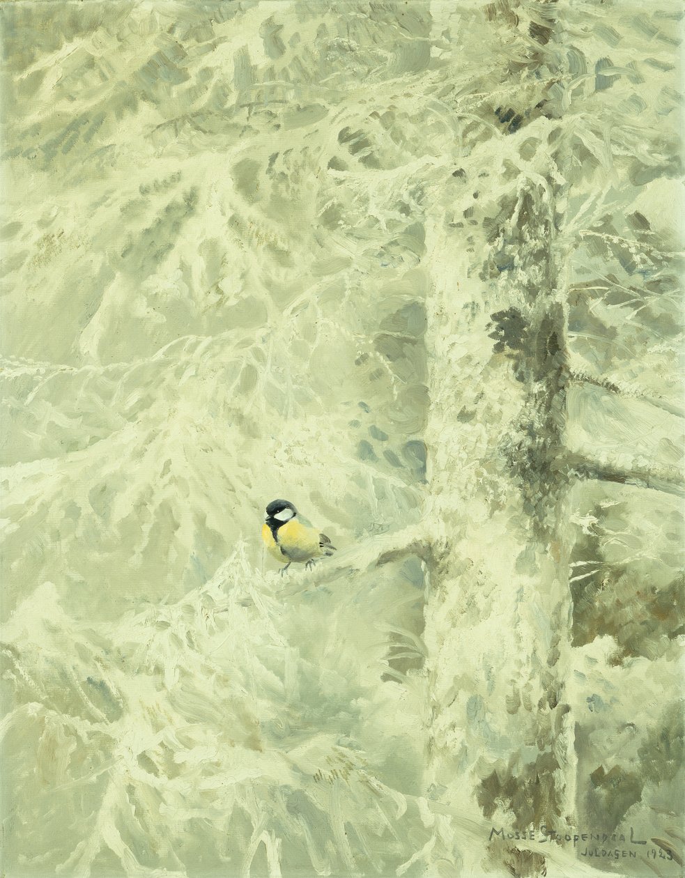 Stieglitz in einem schneebedeckten Baum von Mosse Stoopendaal