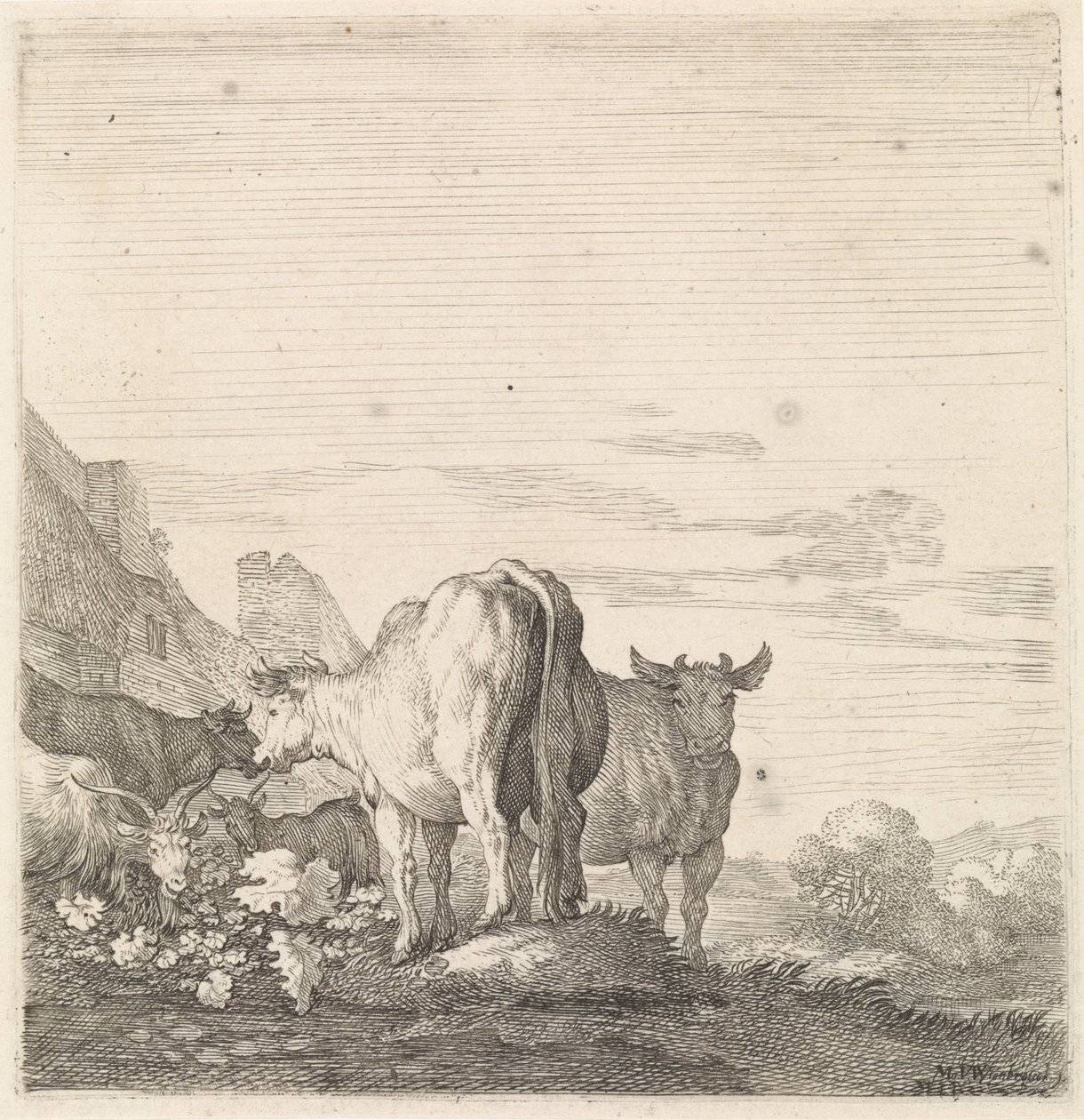 Kühe und Ziegen in einer Landschaft mit Häusern (Vierfüßige Tiere) von Moyses van Wtenbrouck
