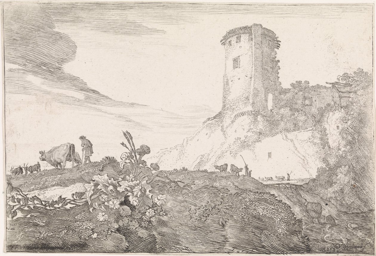 Landschaft mit rundem Turm von Moyses van Wtenbrouck