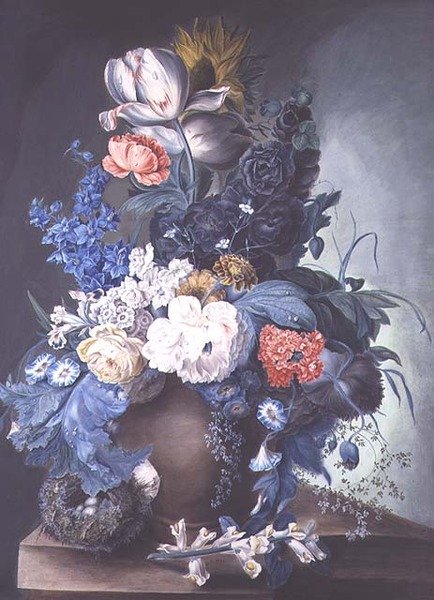 Blumengruppe in einem Glas und Vogelnest von Mrs.Margaret Meen
