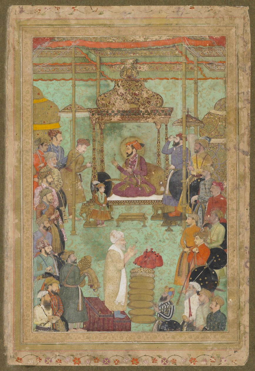 Shah Jahan auf dem Thron mit Mahabat Khan und einem Scheich, aus dem späten Shah Jahan Album, losgelöstes Manuskriptfolio, 1629-1630 von Mughal School