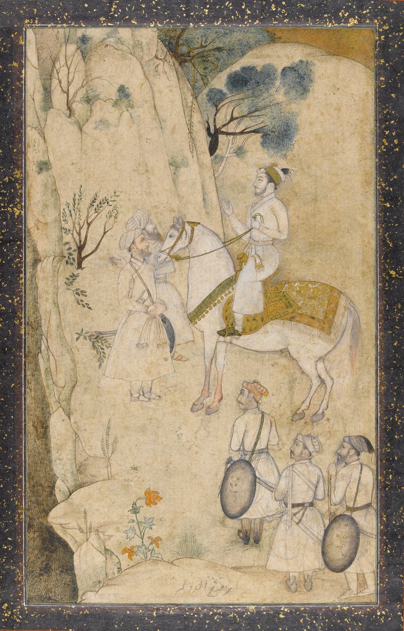 Ein Prinz zu Pferd mit fünf Begleitern, einen Wasserfall betrachtend von Mughal School