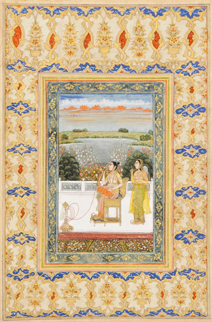 Albumseite: Gulbadan Begum raucht auf einer Terrasse, Delhi, ca. 1800 von Mughal School