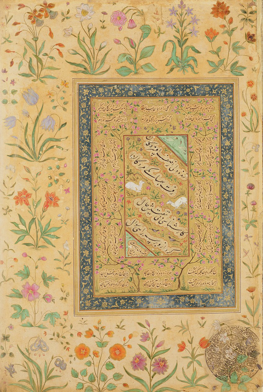 Kalligraphie des iranischen Meisters Ali al-Mashhadi (1442-1519) in einer Mogul-Montierung von Mughal School