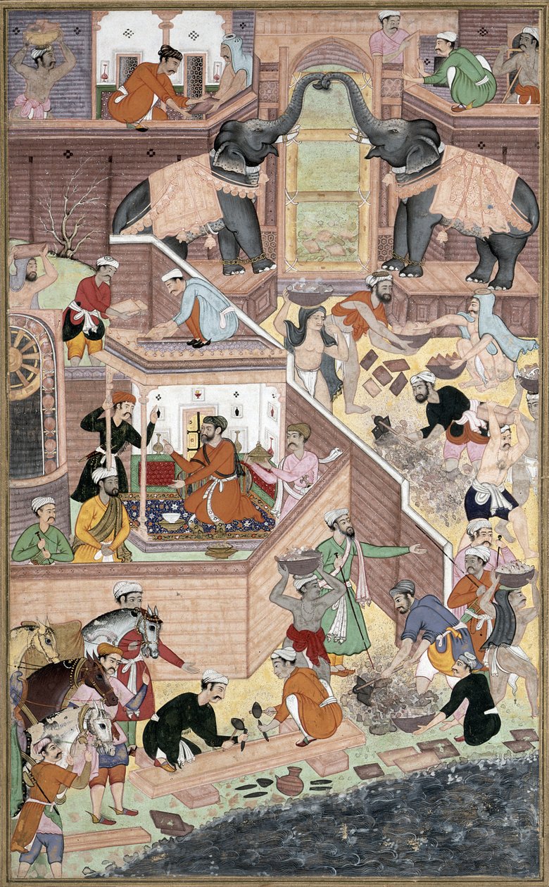 Kaiser Akbar (r.1556-1605) inspiziert die Bauarbeiten in Fatepur Sikri, aus dem Akbarnama von Abul Fazi, 1590-98 von Mughal School