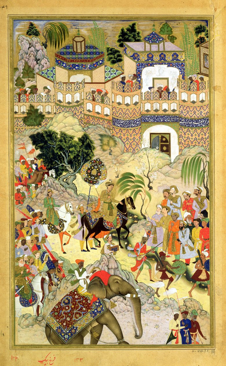 Kaiser Akbars triumphaler Einzug in Surat, aus dem Akbarnama von Abul Fazi (1515-1602), 1590-98 von Mughal School