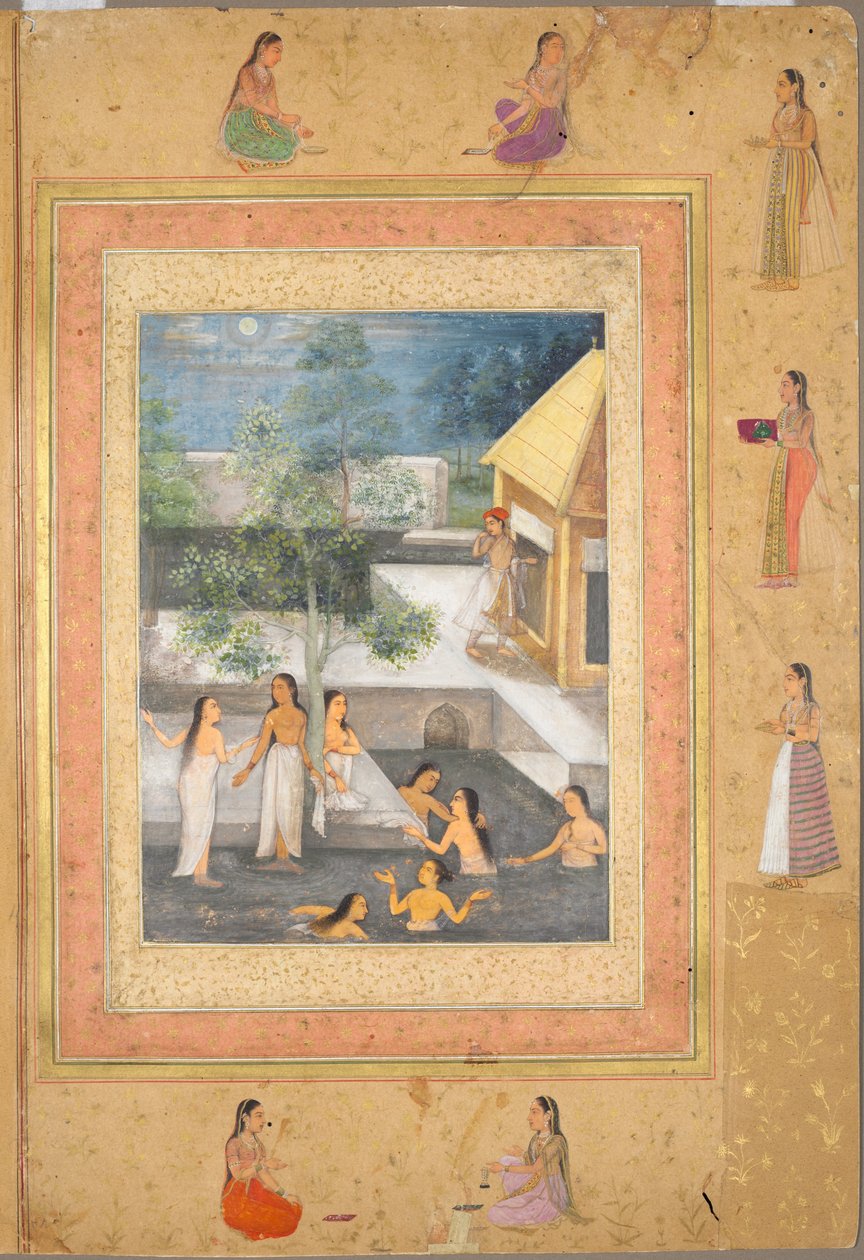 Harem-Nachtbadeszene (recto): Kalligraphie eingerahmt von einer ornamentalen Bordüre aus Blumen und Vögeln (verso), ca. 1650 von Mughal School