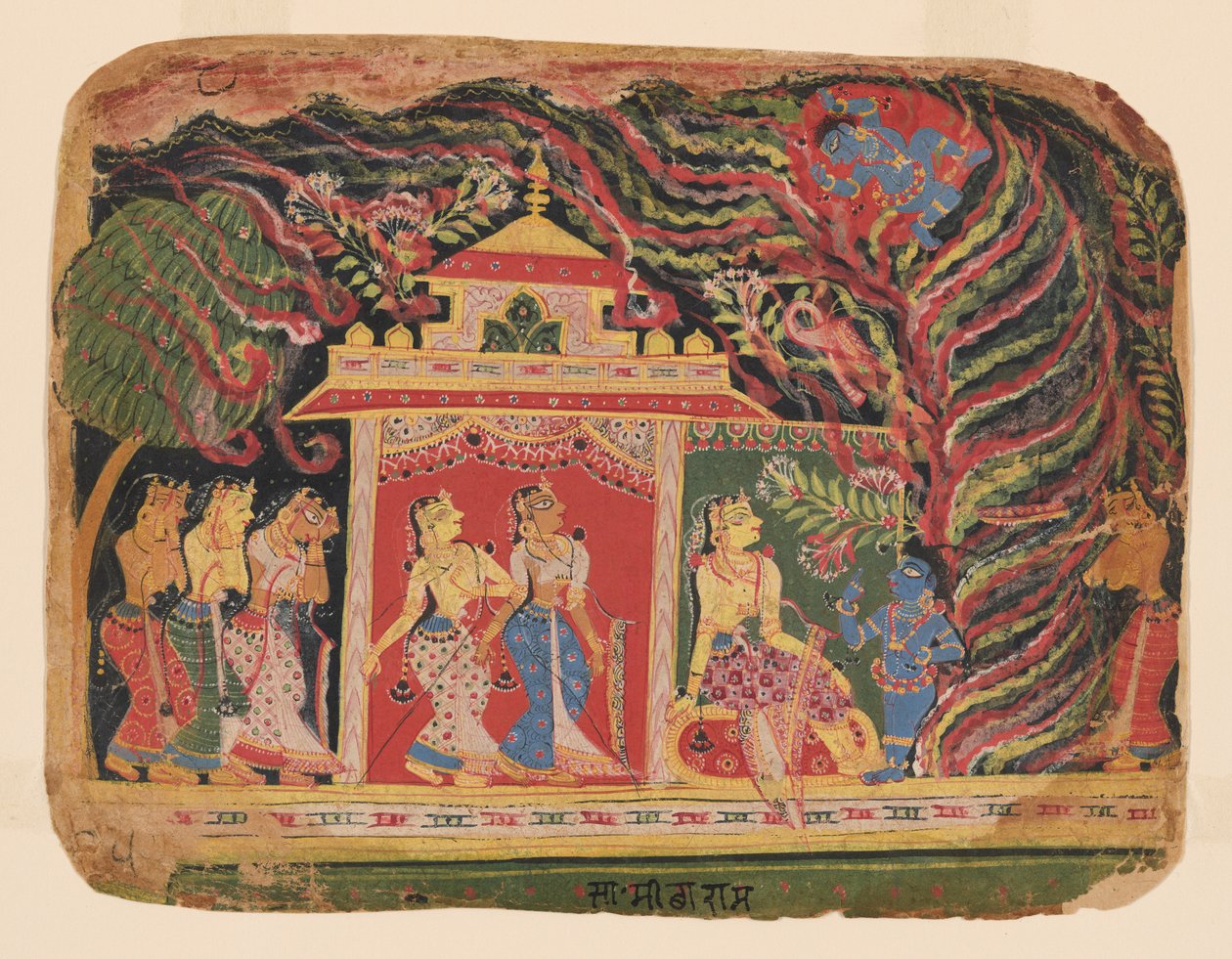 Krishna besiegt Trinavarta, den Dämonenwirbelwind, aus einem Bhagavata Purana (Buch des Herrn) von Mughal School
