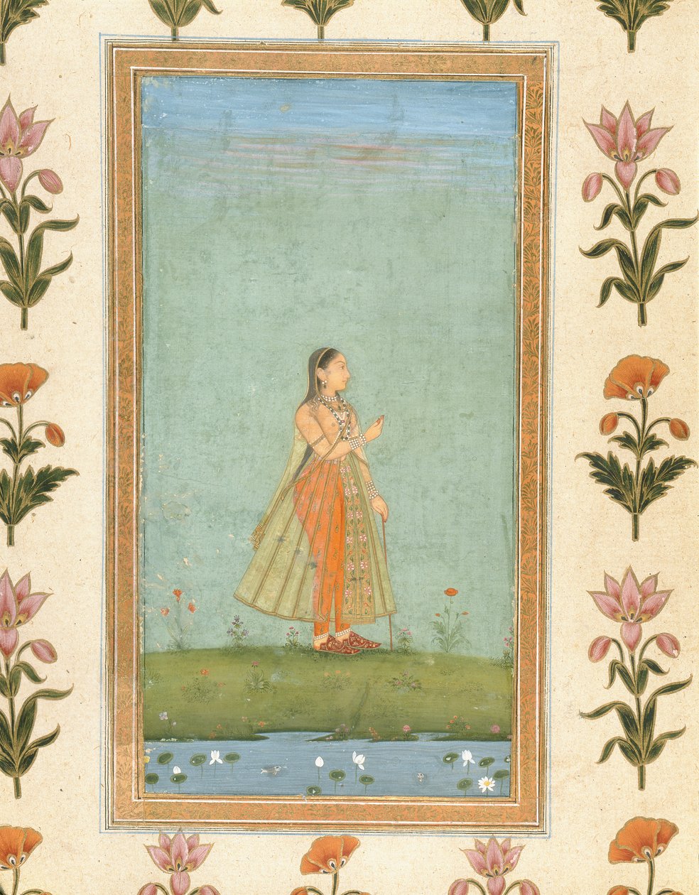 Dame hält eine Blume, stehend an einem Seerosenteich, aus dem Small Clive Album von Mughal School