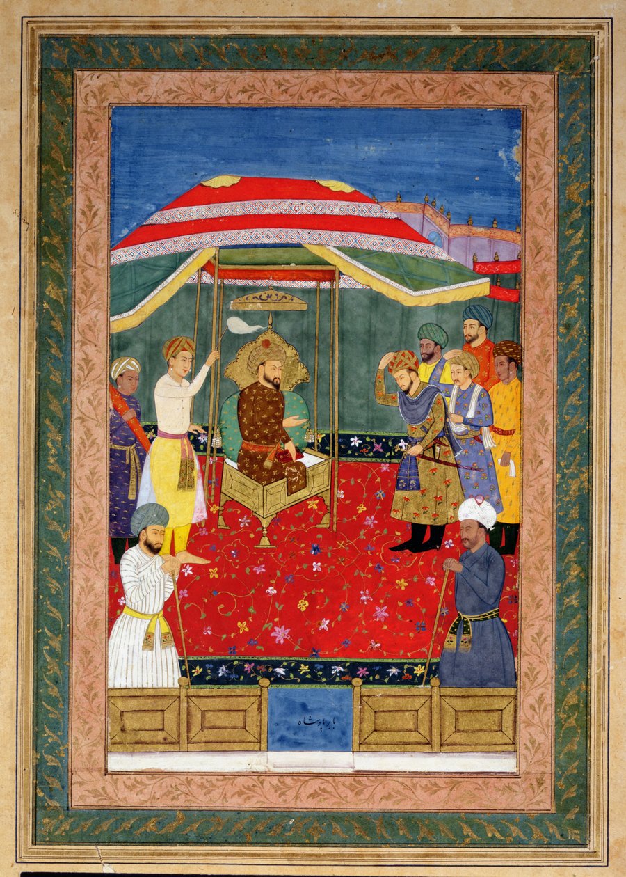 Der Mogulkaiser Babur (1526-30) sitzt auf einem Thron und empfängt einen Prinzen, Johnson Album I, Nr.3 nummeriert 65 von Mughal School