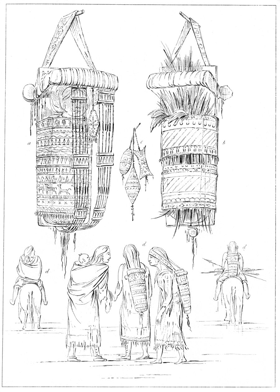 Eine Sioux-Wiege und Arten, ihre Kinder zu tragen, 1841 von Myers and Co