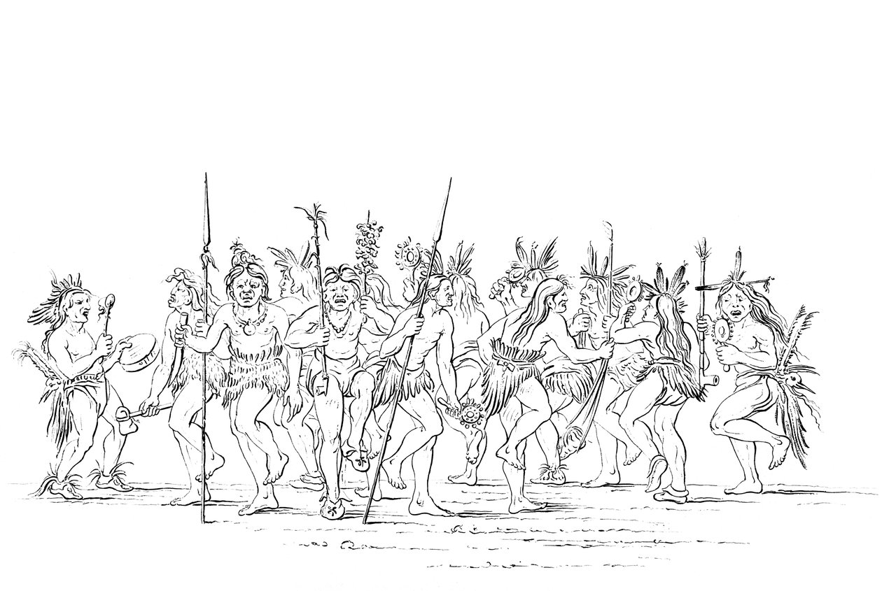 Der Sioux-Stamm führt einen Betteltanz auf, 1841 von Myers and Co