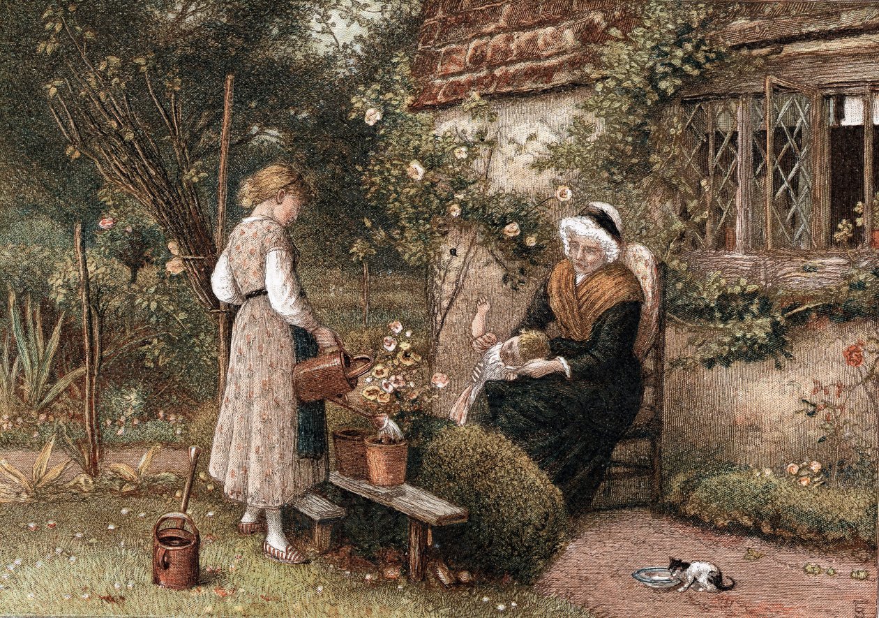Jugend und Alter. Chromolithographie nach einem Gemälde von Myles Birkett Foster (1825-1899), englischer Künstler, veröffentlicht in London 1866. Großmutter mit Spitzenhaube sitzt im Cottage-Garten mit zwei Enkeln. Das Mädchen benutzt eine Gießkanne, um ei von Myles Birket Foster