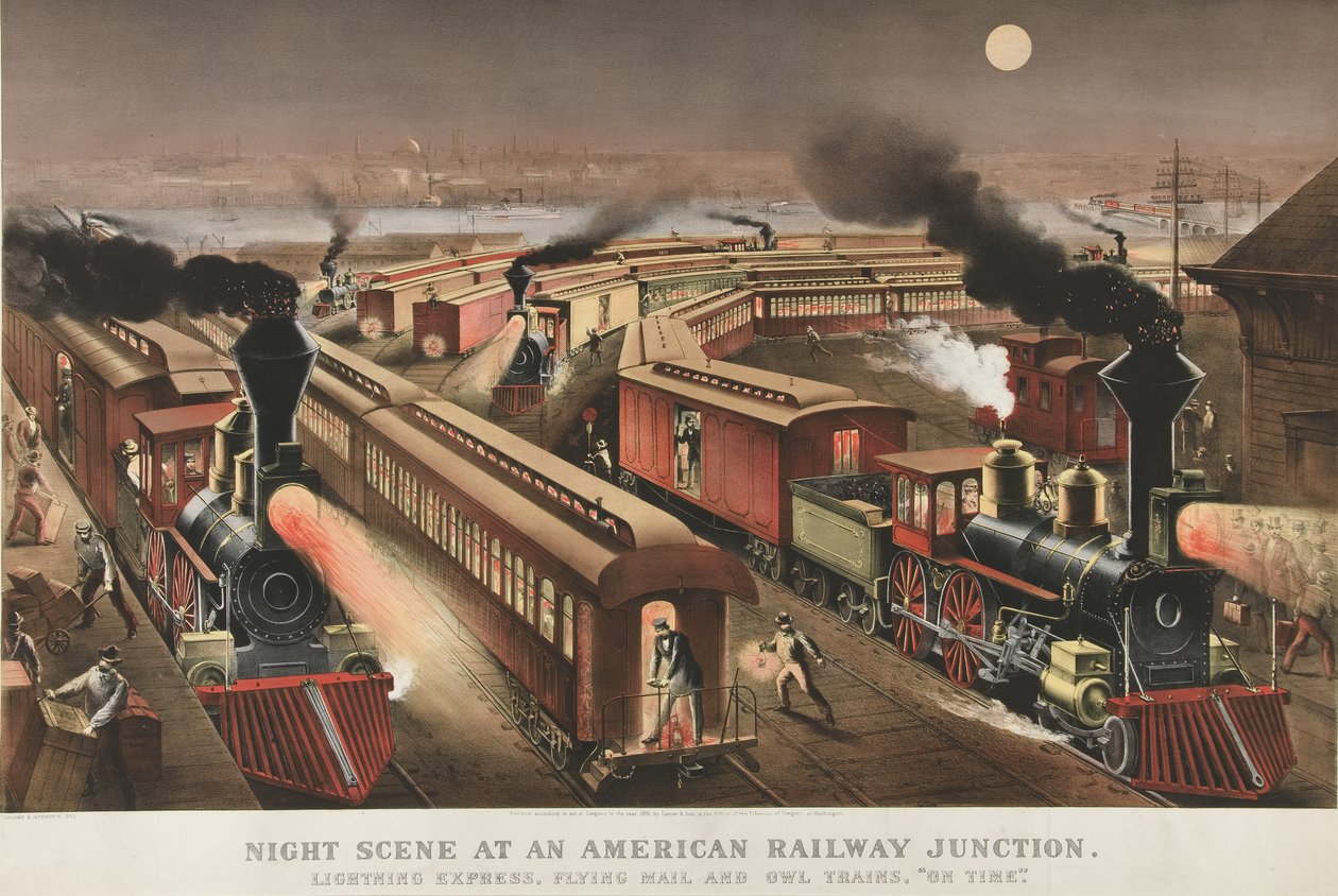 Nachtszene an einem amerikanischen Eisenbahnknotenpunkt, 1876 von Nathaniel Currier