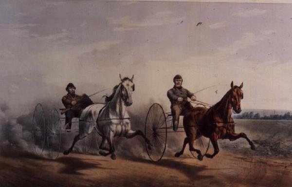 Hero und Flora Temple auf der Zielgeraden in ihrem großen Rennen um 2000 Dollar über die Centreville-Strecke, 1855 von N. and Ives, J.M. Currier