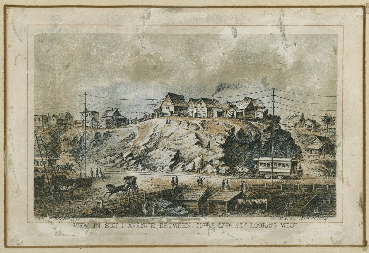 Ansicht der Sixth Avenue, zwischen 55. und 57. Straße, Blick nach Westen, 1858 von N. and Ives, J.M. Currier
