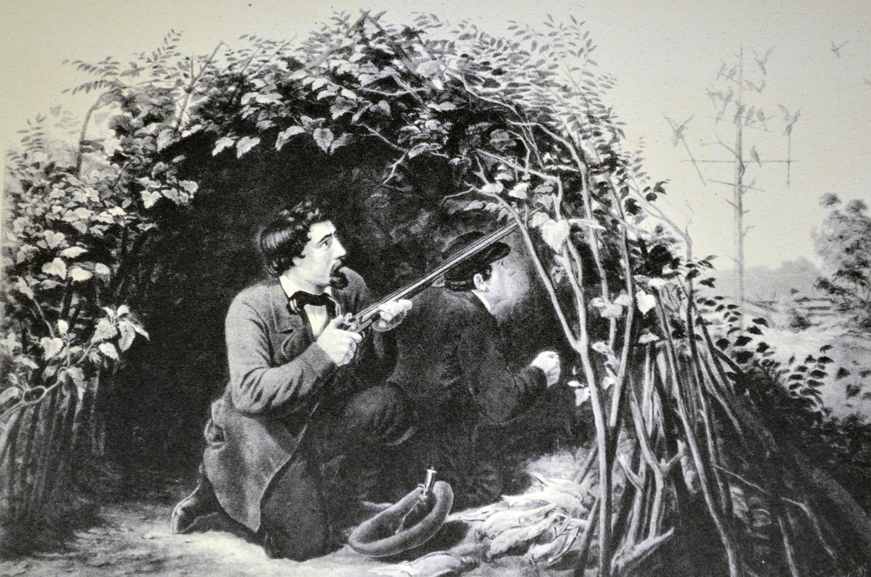 Currier & Ives Illustration 19. Jahrhundert. Taubenschießen, den Köder spielen von N. and Ives, J.M. Currier