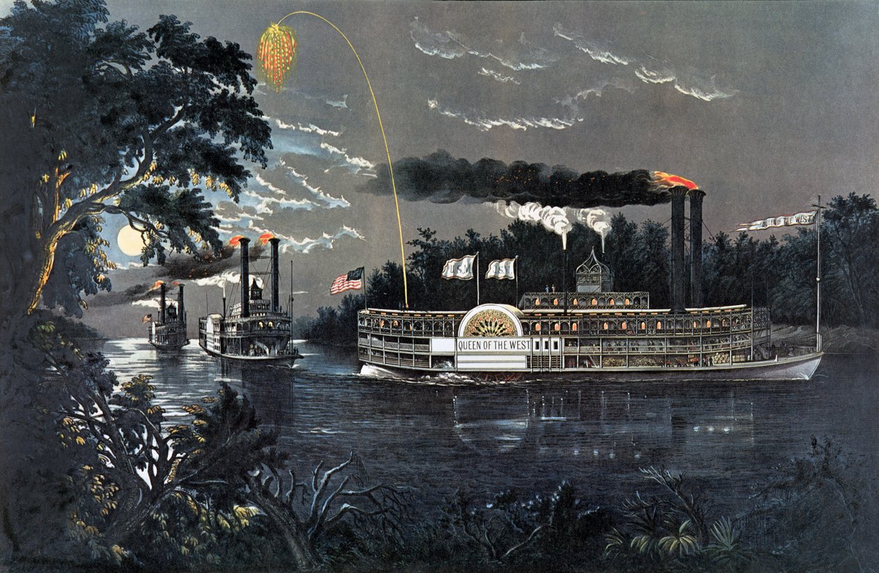 RL 27835 Um eine Biegung auf dem Mississippi-Dampfer Queen of the West von N. and Ives, J.M. Currier