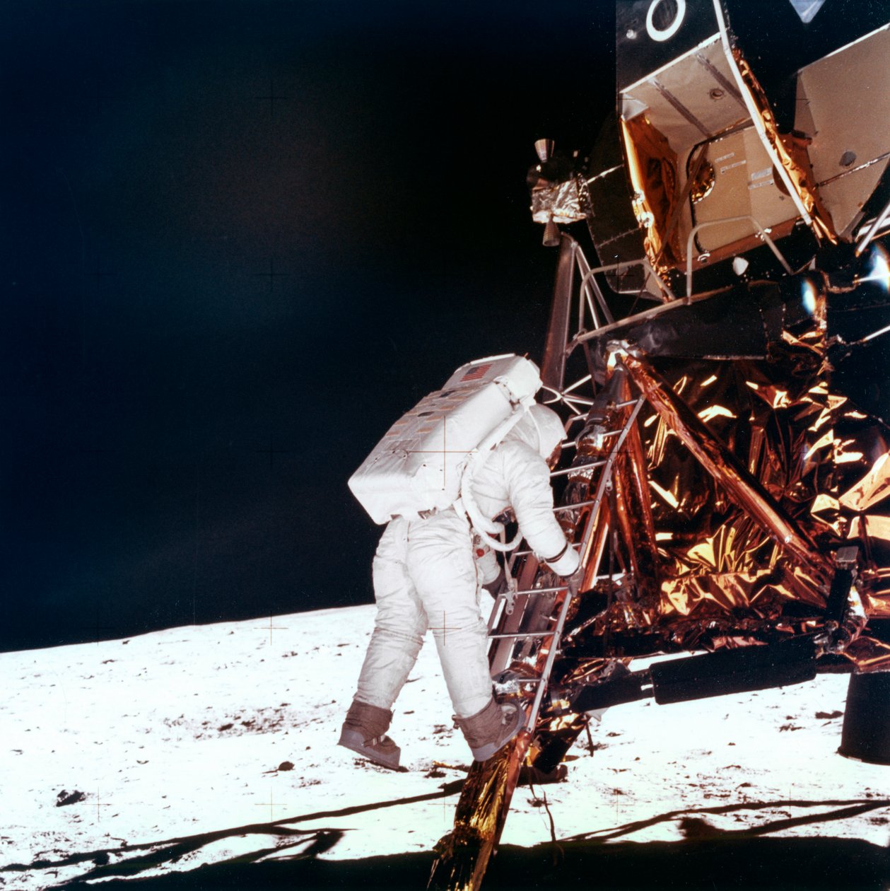 Edwin Buzz Aldrin steigt die Leiter des Mondmoduls hinab, um auf dem Mond zu gehen, 1969 von NASA Images