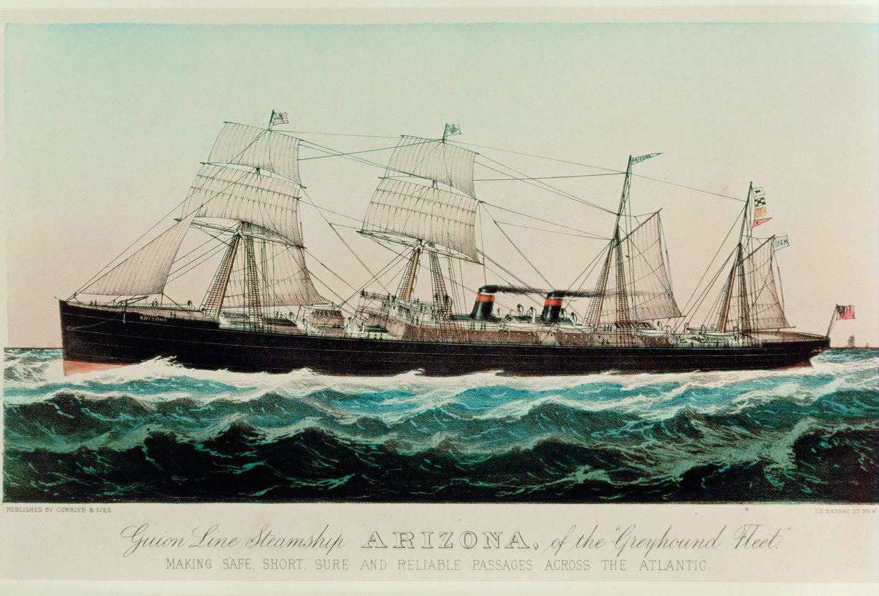 Guion Line Dampfschiff Arizona der Greyhound-Flotte, sichere, kurze, zuverlässige Atlantiküberquerungen von N. and Ives J.M. (1824 95) Currier
