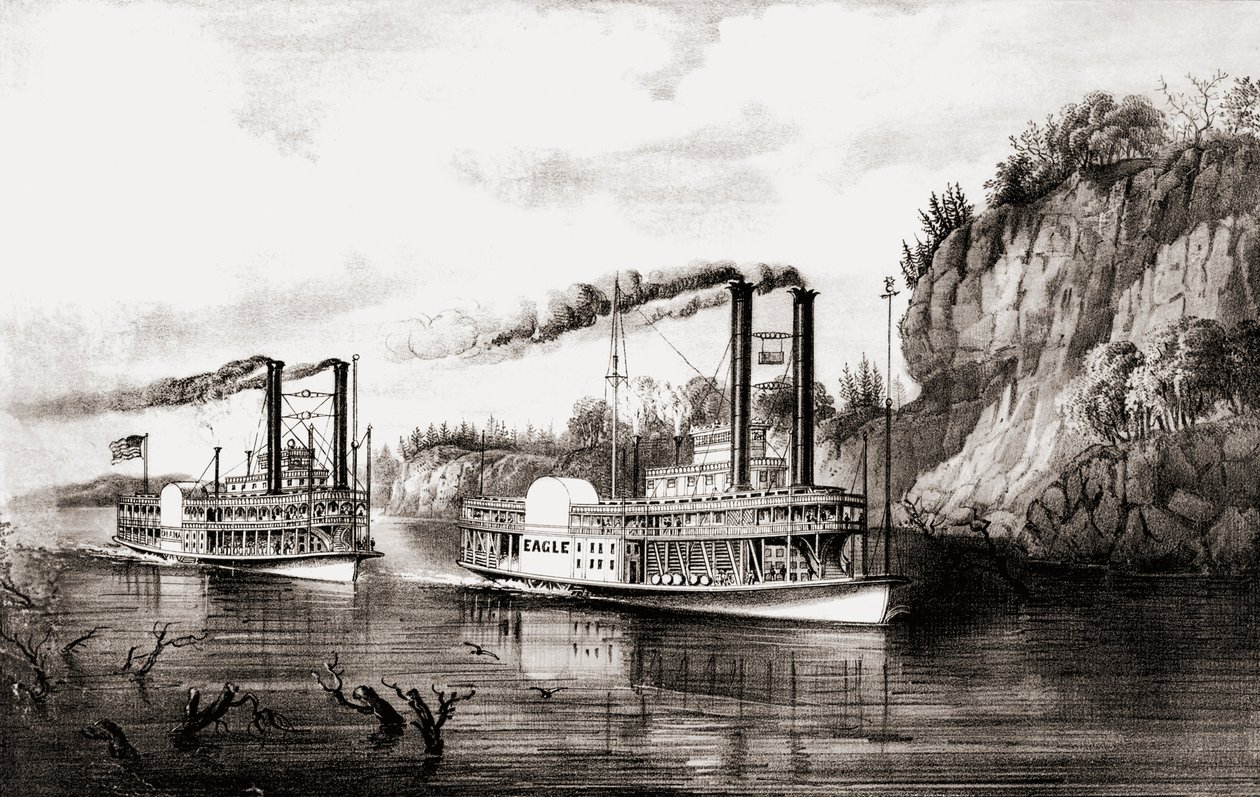 Dampfschiffe rennen auf dem Mississippi, USA von N. and Ives J.M. Currier