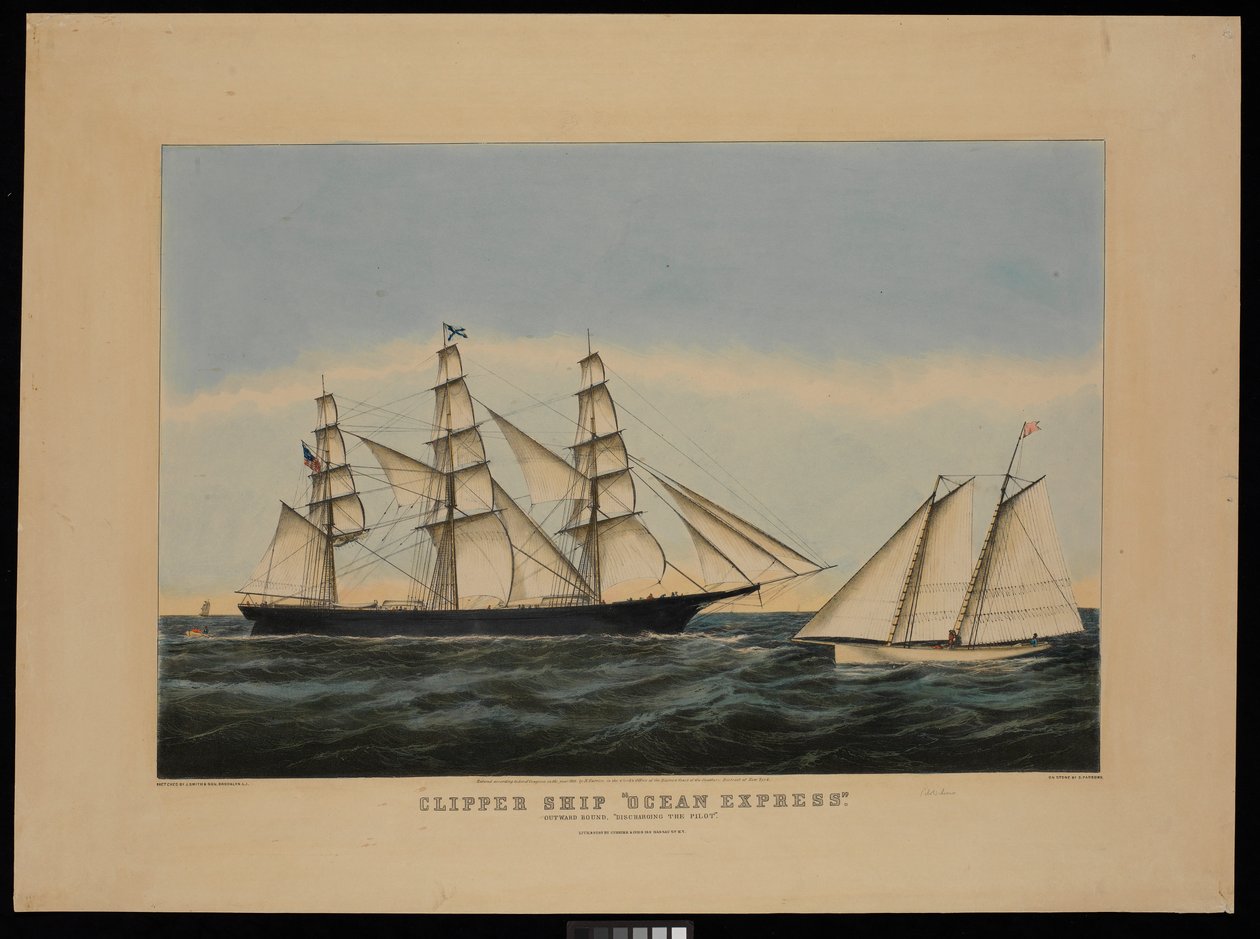 Klipperschiff Ocean Express auf dem Weg nach draußen "den Lotsen entlassend" von N. and Ives J.M. (1824 95) Currier