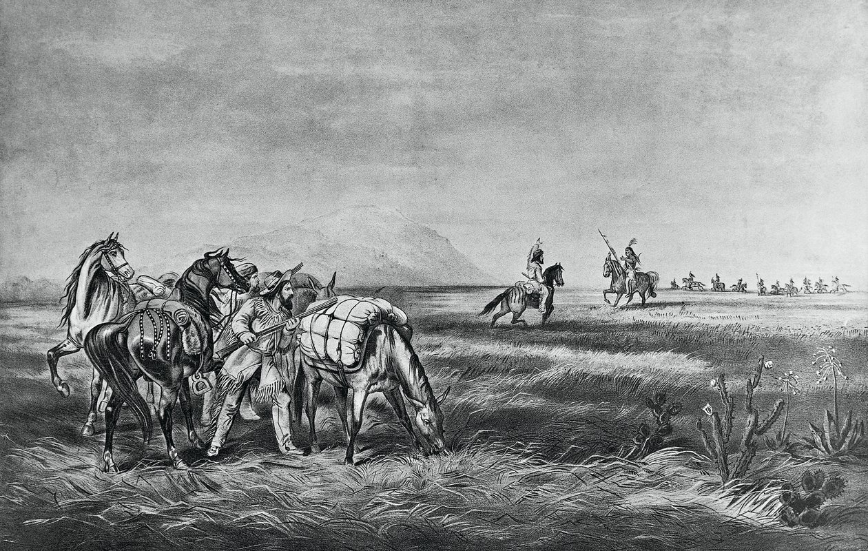 Frieden oder Krieg, Begegnung zwischen den Indianern und weißen Jägern, veröffentlicht von Colin Simkin von Currier and Ives