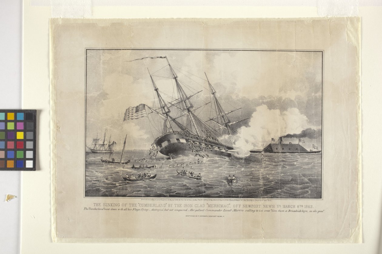 Versenkung der Cumberland durch das Panzerschiff "Merrimac" von N. and Ives J.M. (1824 95) Currier