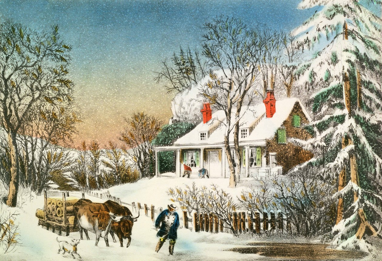 Heimbringen der Baumstämme, Winterlandschaft, 19. Jahrhundert von N. and Ives, J.M. Currier