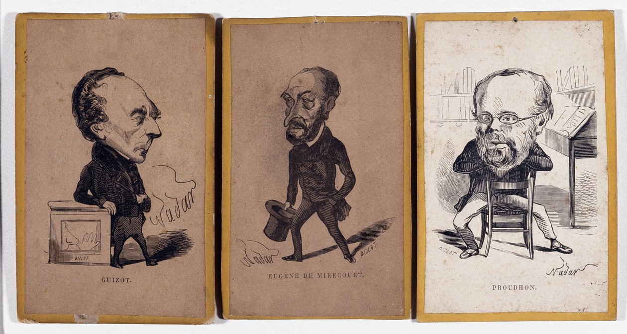 3 Karikaturporträts: François Pierre Guillaume Guizot (1787-1874), französischer Historiker und Politiker, Charles Jean-Baptiste (Jean Baptiste) Jacquot dit Eugène de Mirecourt (1812-1880), französischer Journalist und Schriftsteller, und Pierre-Joseph Pro von Nadar
