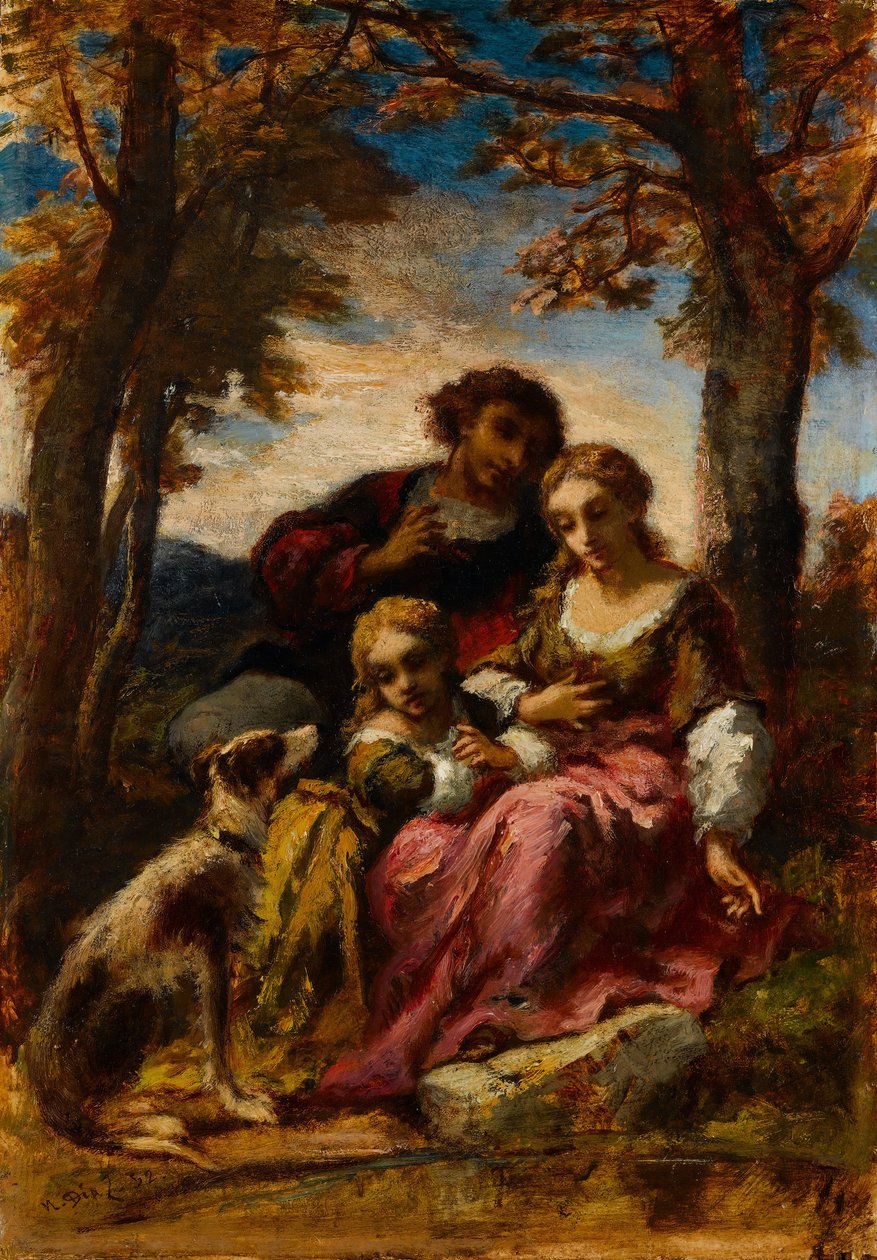Figuren und ein Hund in einer Landschaft von Narcisse Virgile Diaz de la Peña