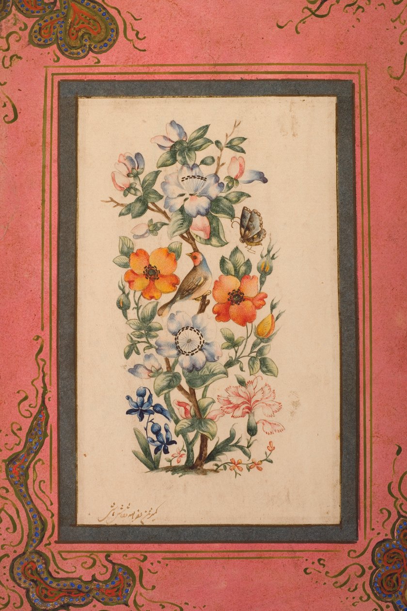 Ein Blumenstängel mit einem Vogel und einem Schmetterling von Nasr Allah al Husayni al Imami