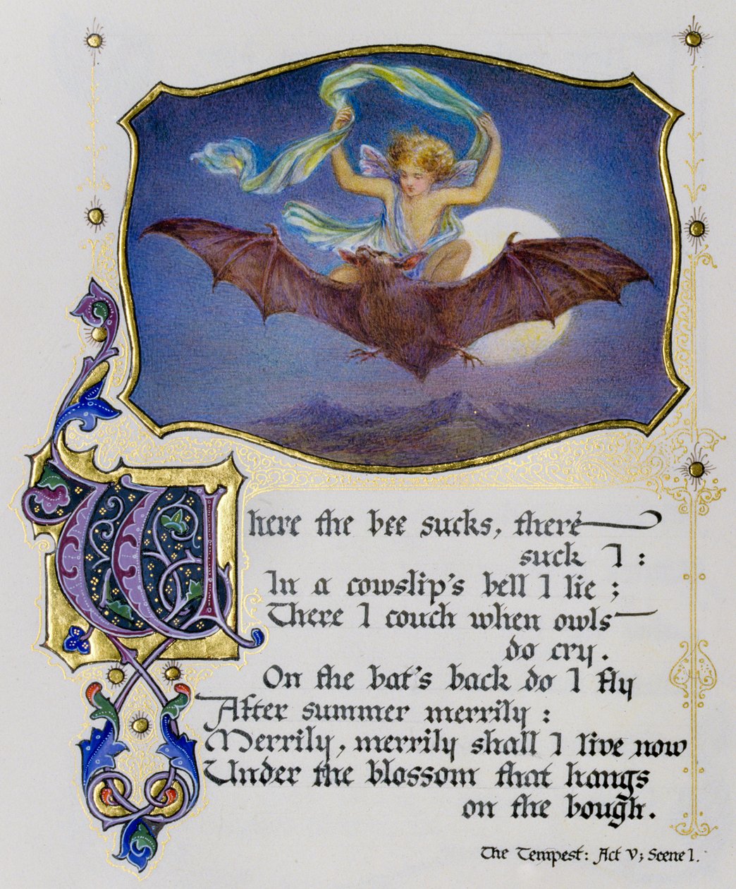 Illuminierte Seite aus einem Buch von Shakespeare-Sonetten zeigt eine Szene aus Der Sturm von Nathan Benn
