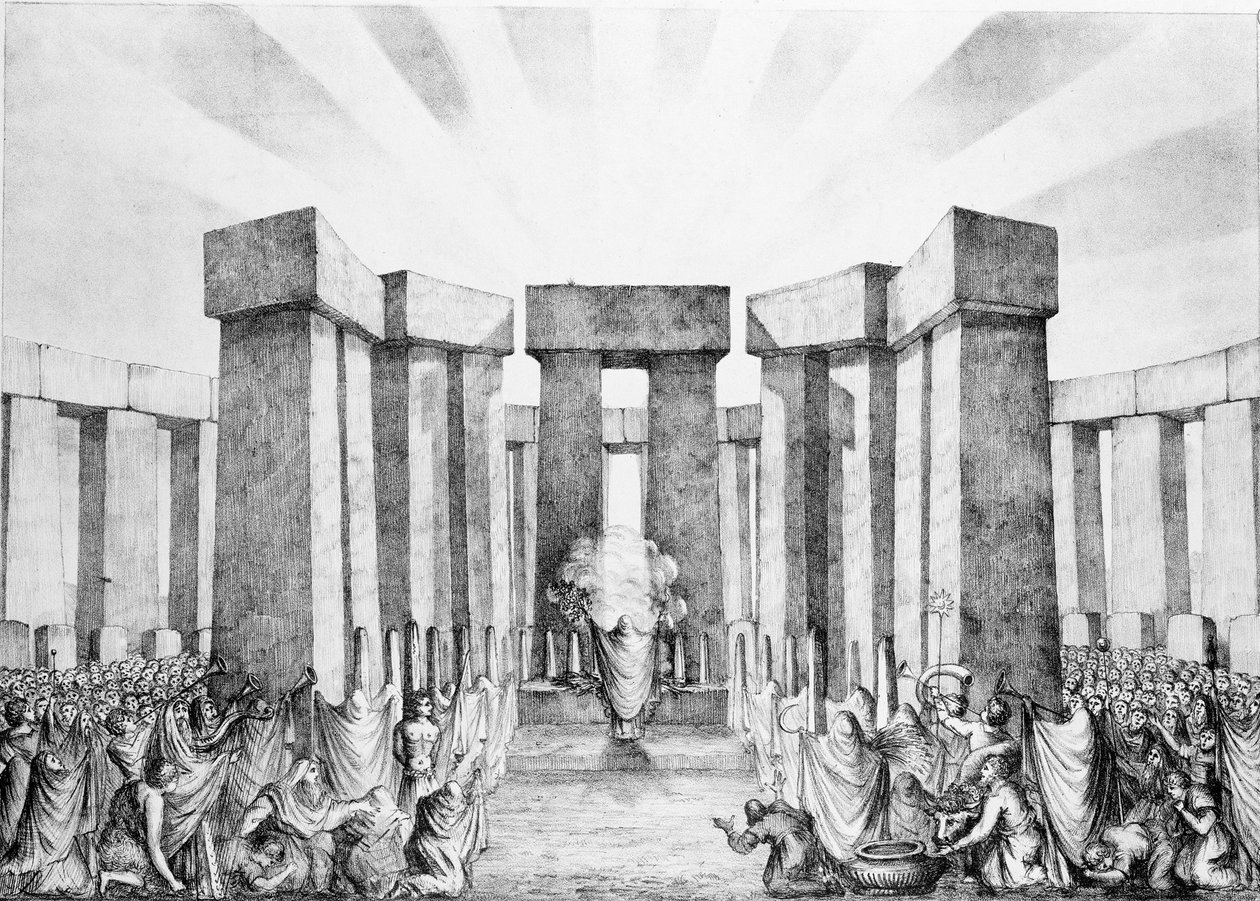 Druiden opfern der Sonne in ihrem Tempel namens Stonehenge, nach einem Plan von Stonehenge von Dr. Stukeley im Ashmolean Museum, Oxford, graviert und veröffentlicht vom Künstler von Nathaniel Whittock