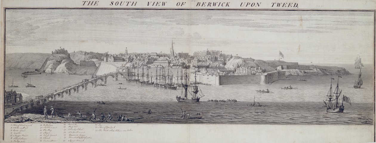 Die Südansicht von Berwick Upon Tweed, ca. 1743-45 (Feder und Tinte und Waschung auf Papier) von Nathaniel and Samuel Buck