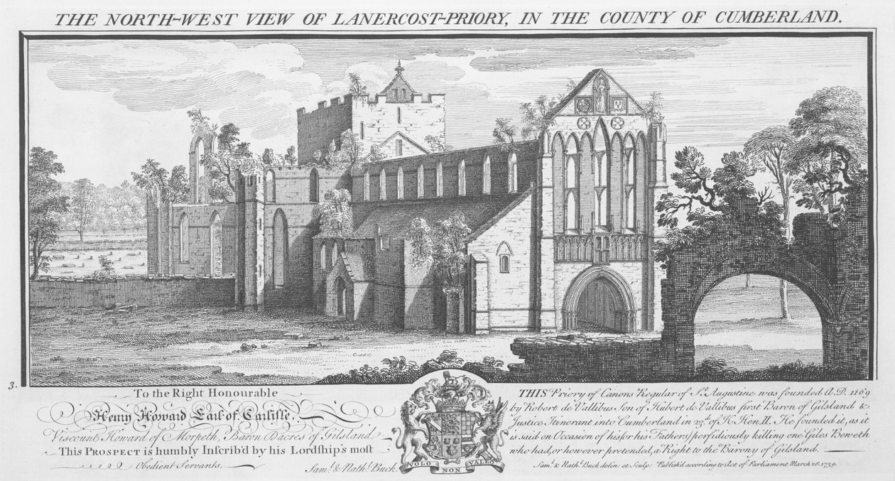 Nordwestansicht der Lanercost Priory in der Grafschaft Cumberland, 1739 von Nathaniel Buck