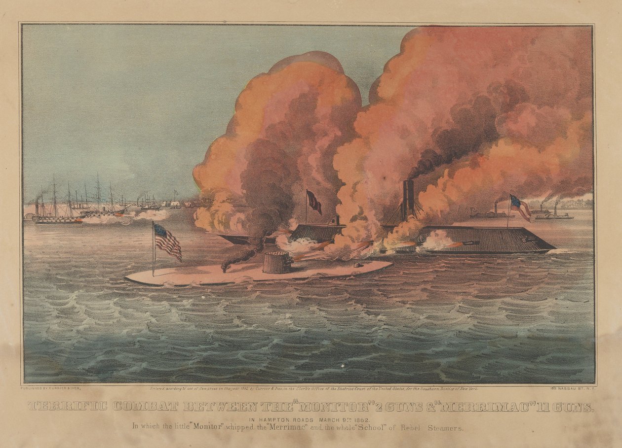 Schrecklicher Kampf zwischen der Monitor 2 Kanonen & Merrimac 11 Kanonen - In Hampton Roads März..., 1862 von Currier and Ives