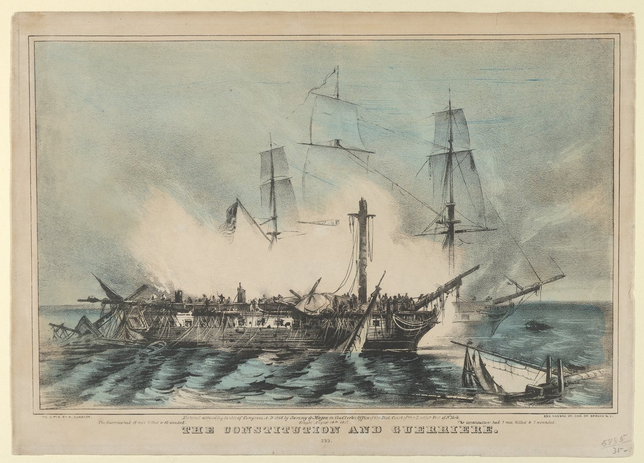 Die Constitution und Guerriere - Kampf am 19. August 1812, 1848 von Nathaniel Currier